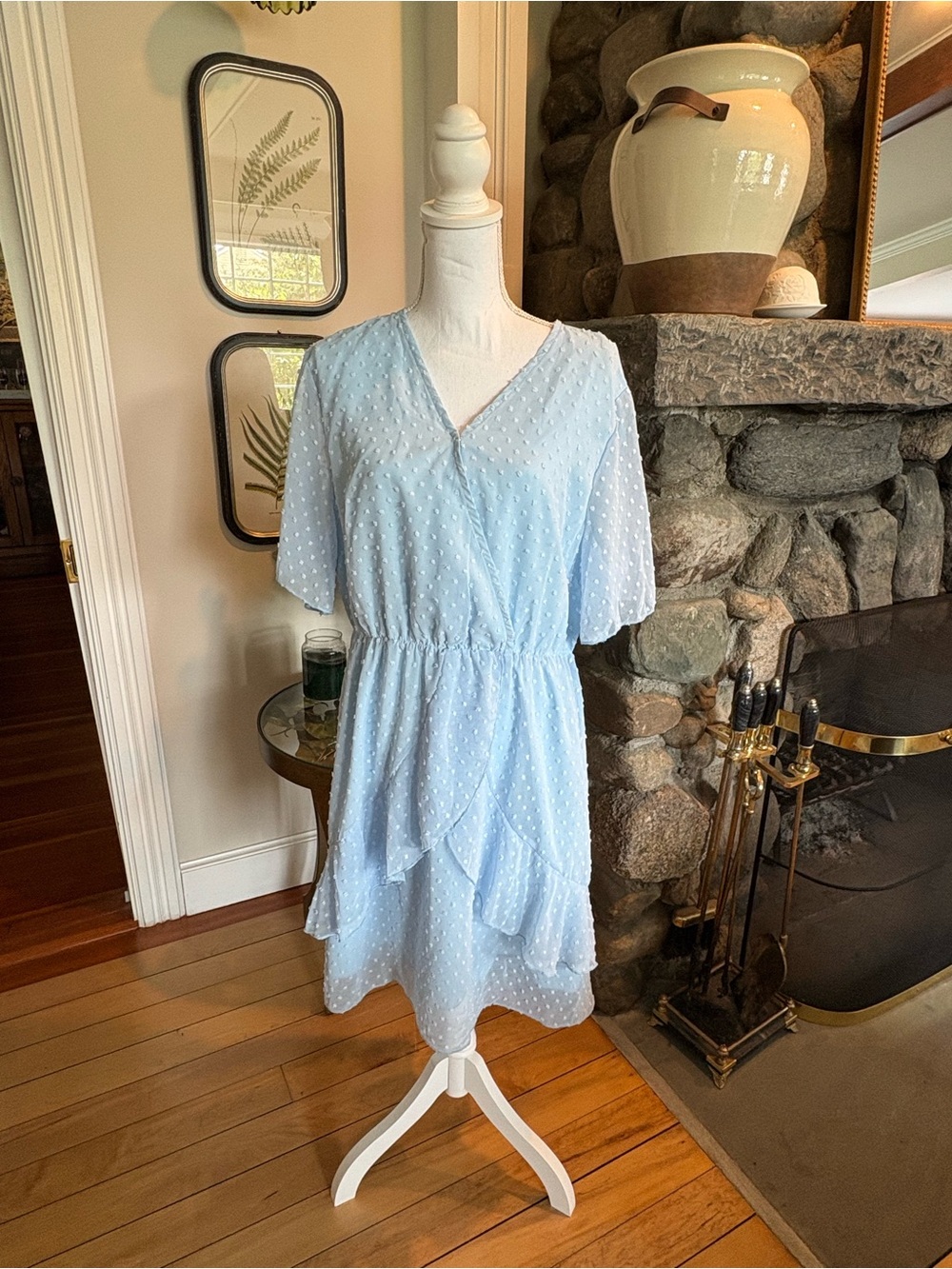 Light Blue Swiss Dot V-Neck Midi Dress